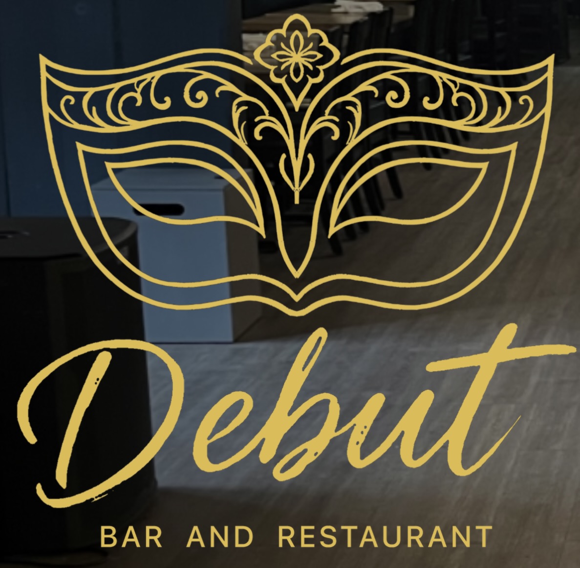 Debut Bar and Restaurant logo — gold masquerade mask